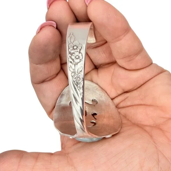 Vintage Silverware Cuff Bracelet with Larimar Stone | Wildwood Pattern 1958 - Picture 6 of 15